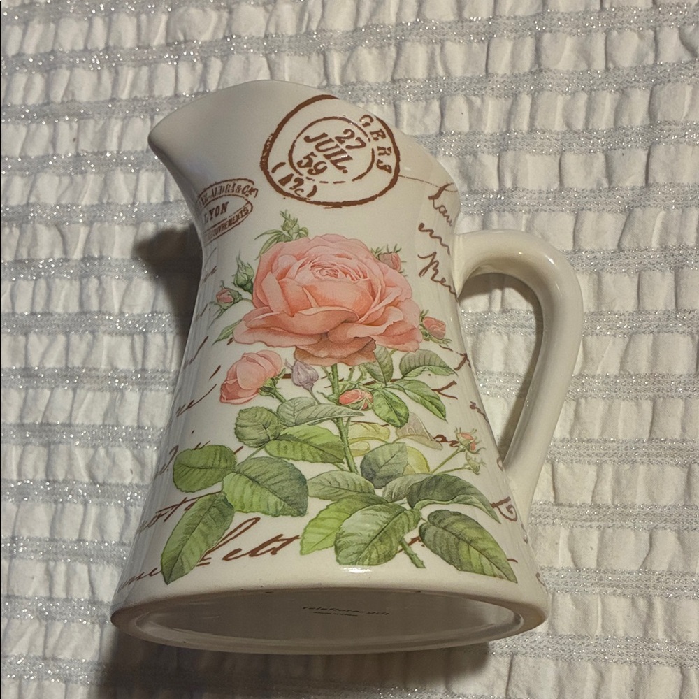 Vintage-Inspired Ceramic Pitcher with Pink Rose Motif